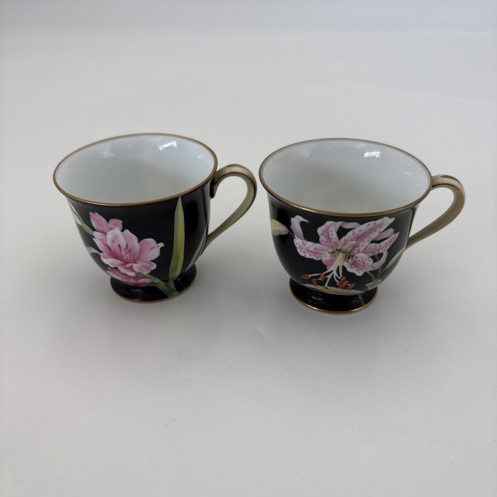 Noritake Black Floral Demitasse Cups Japan Pristine